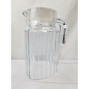ARC France Small 6" Ribbed Glass 24oz Refrig Bottle Pitcher W/Handle & White Lid